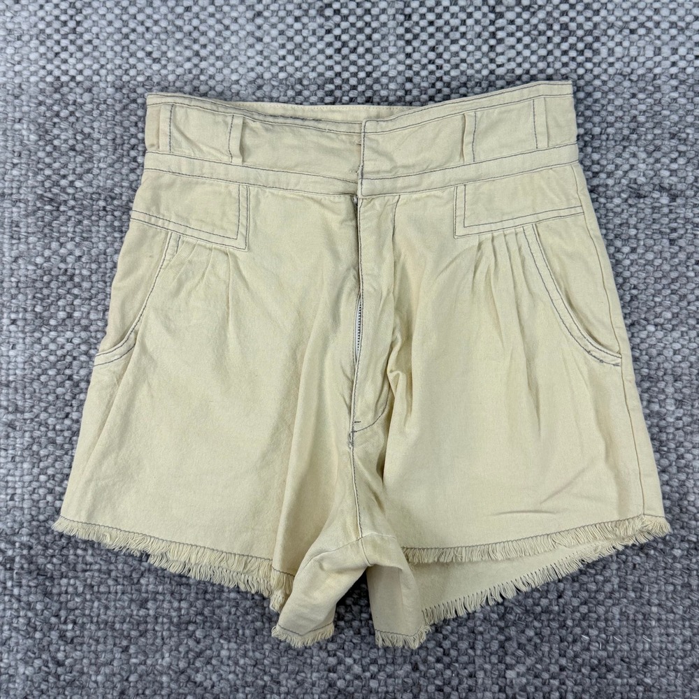 Free People FP One High Waisted Linen Blend Shorts Beige Cream Frayed Hem Size 0